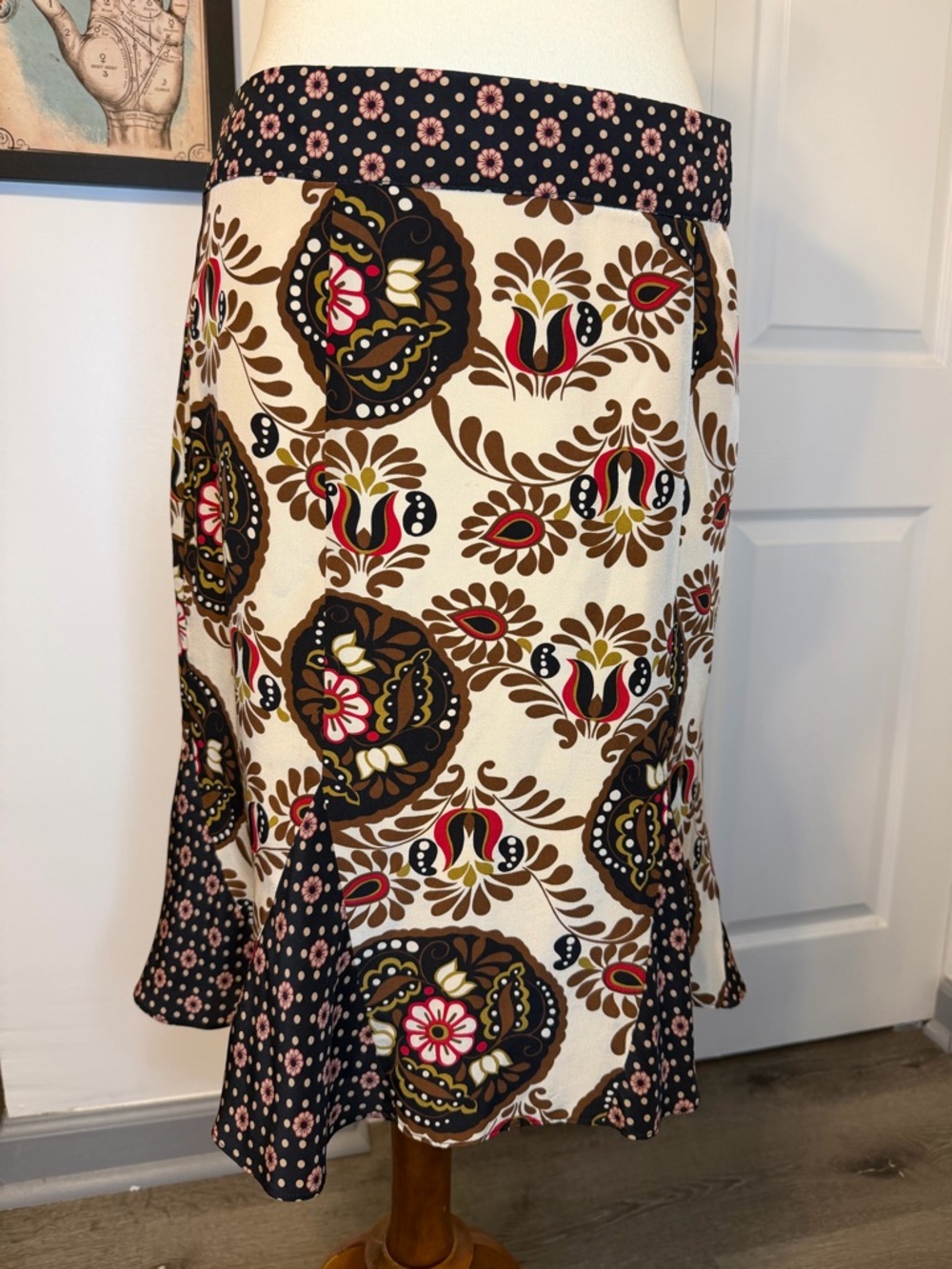 Nanette Lepore 100% Silk Boho Floral Paisley Trumpet Midi Skirt